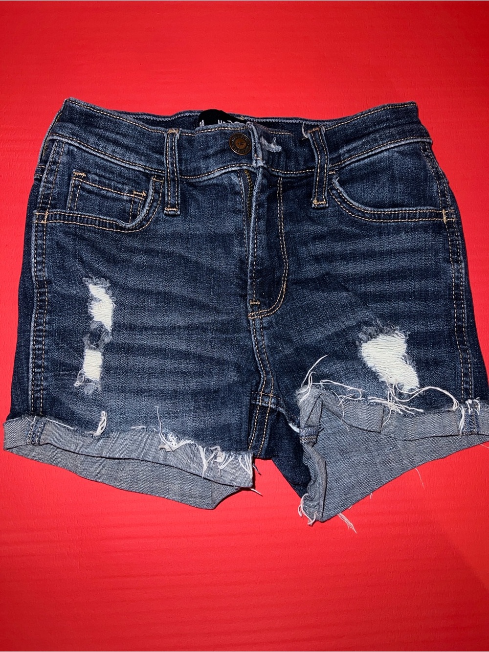 Hollister Dark Blue Distressed Denim Rolled-Hem Shorts Mid-Rise